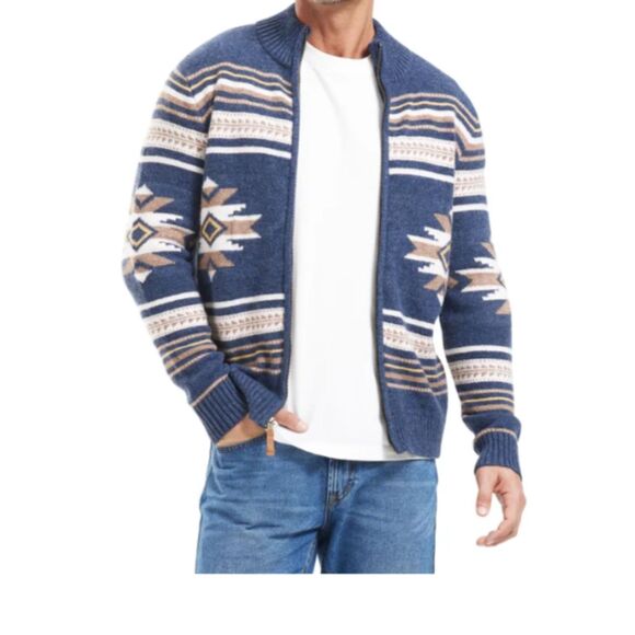 Frye Mens Mock Neck Cardigan Navy Beige Full Zip Southwest Heavyweight - Picture 3 of 8